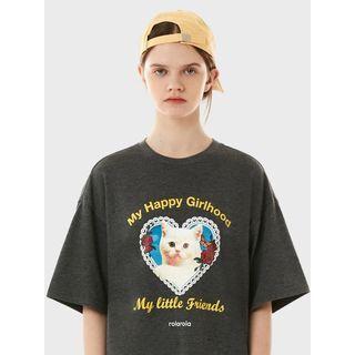 Heart-frame Cat-printed T-shirt Dark Gray - One Size