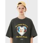 Heart-frame Cat-printed T-shirt Dark Gray - One Size