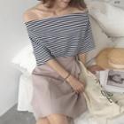 Short-sleeve Off Shoulder Striped T-shirt