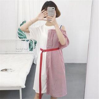 Striped Panel Off Shoulder Elbow Sleeve Dress