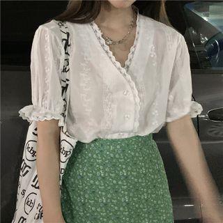 V-neck Puff-sleeve Top / High-waist Floral Maxi Skirt