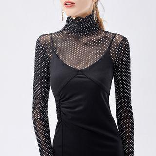 Dotted Turtleneck Long-sleeve Top