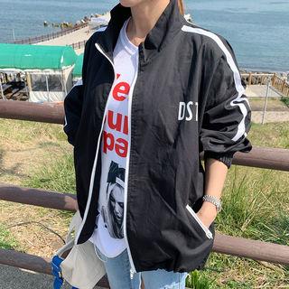 Contrast-trim Letter Print Zip-up Jacket Black - One Size