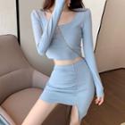 Long-sleeve Cropped T-shirt / Asymmetric Mini Pencil Skirt
