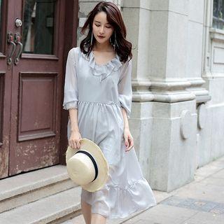 Ruffle Elbow-sleeve Chiffon Dress