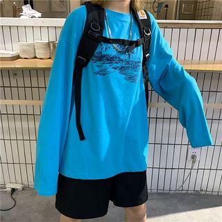 Beach Printing Long-sleeve Round Neck T-shirt Sky Blue - One Size