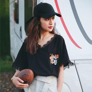 Embroidered Lace Panel Short-sleeve Top