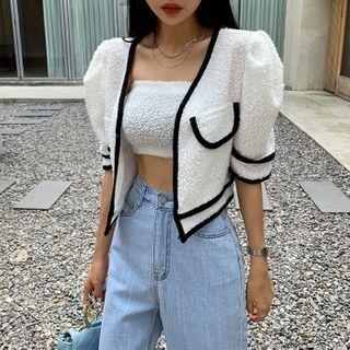 Set: Puff-sleeve Piped Cardigan + Tube Top