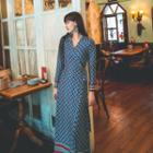 Long-sleeve V-neck Patterned A-line Dress