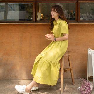 Short-sleeve Ruffle-hem Shirtdress Mustard Yellow - One Size