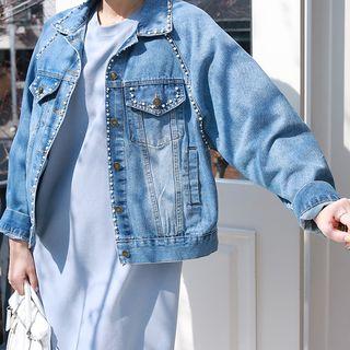 Beaded Distressed Denim Jacket Blue - One Size