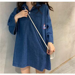 Elbow Sleeve Denim Printed T-shirt Blue - One Size