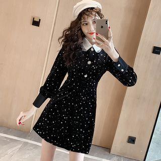 Star Print Long-sleeve A-line Mini Velvet Dress