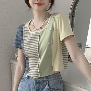 Short-sleeve Paneled T-shirt Blue & Green & Yellow - One Size