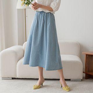 Flared Long Paneled Denim Skirt
