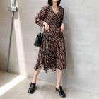 Long-sleeve Tiger Print Crinkled A-line Midi Dress