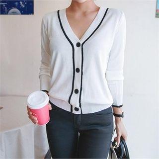 V-neck Contrast-trim Cardigan Ivory - One Size