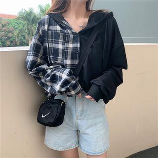 Check Panel Hooded Jacket As Shown In Figure - One Size