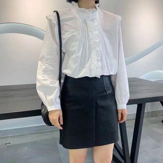 Mock-neck Frill Trim Blouse White - One Size