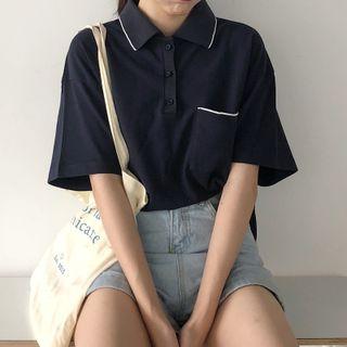 Elbow-sleeve Contrast Trim Polo Shirt Blue - One Size