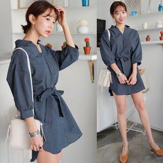 3/4-sleeve Tie Waist Shirt Dress