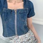 Short-sleeve Denim Zip Crop Top / Fitted Floral Print Mini Skirt
