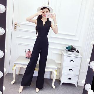 Plain Split-neck Sleeveless Jumpsuit