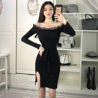 Long-sleeve Frilled Off-shoulder Sheath Dress
