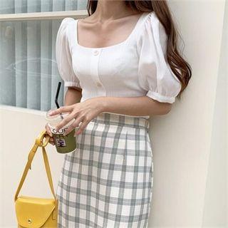Square-neck Puff-sleeve Ribbed Cardigan