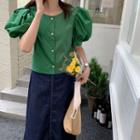 Puff-sleeve Plain Blouse / Mini Pleated Skirt