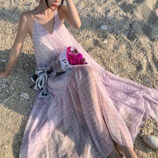 Spaghetti-strap Halter Plaid Maxi Sundress