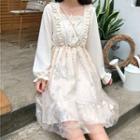 Mesh Panel Square-neck Long-sleeve A-line Dress Light Almond - One Size