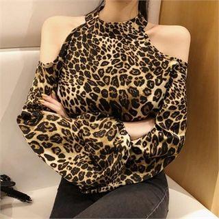 Cutaway-shoulder Leopard Print Top Brown - One Size