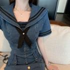 Sailor Collar Short-sleeve Mini A-line Denim Dress