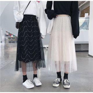 High Waist Embroidered Mesh Skirt