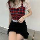 Short Sleeve Round Sleeve Lace Crop Top/ Plaid Cropped Camisole