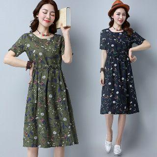 Short-sleeve Drawstring Floral Dress