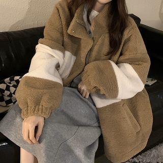 Two-tone Zip-up Fleece Jacket White & Coffee - One Size