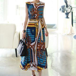 Set: Sleeveless Printed Blouse + Midi A-line Skirt