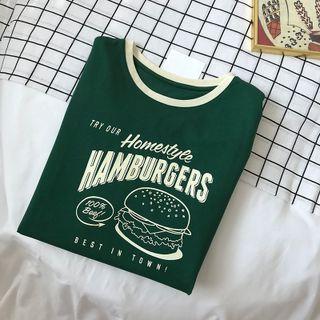 Short Sleeve Contrast-trim Hamburger Print Tee Dark Green - One Size