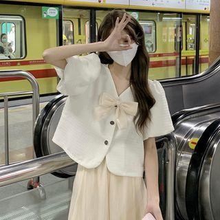 Short-sleeve Bow Button-up Blouse Almond - One Size