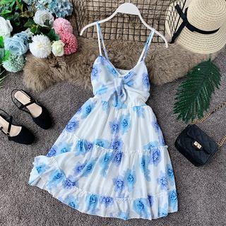 Bow-front V-neck Floral Print Sleeveless Dress
