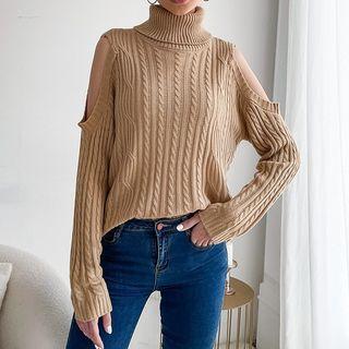 Plain Turtle Neck Cable-knit Cut-out Sweater