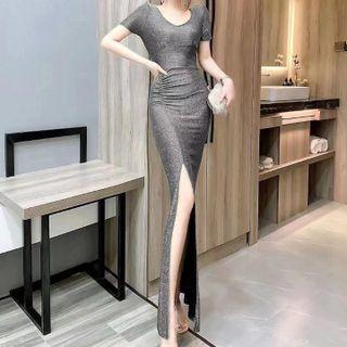 Short-sleeve Glittered Maxi Dress