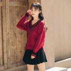 Set: Contrast Lining Sweater + Midi A-line Velvet Dress