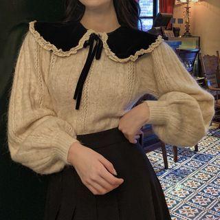 Collared Lantern-sleeve Sweater White - One Size