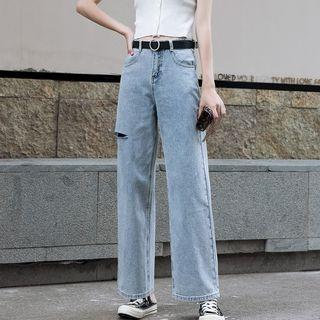 High-waist Straight-leg Ripped Jeans/ High-waist Straight-leg Jeans