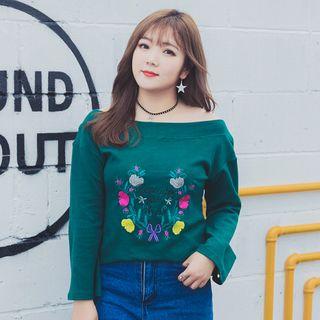 Off-shoulder Embroidered Bell-sleeve Top