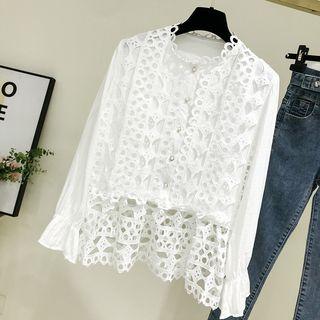 Long-sleeve Perforated Lace Paneled Buttoned Top