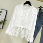 Long-sleeve Perforated Lace Paneled Buttoned Top
